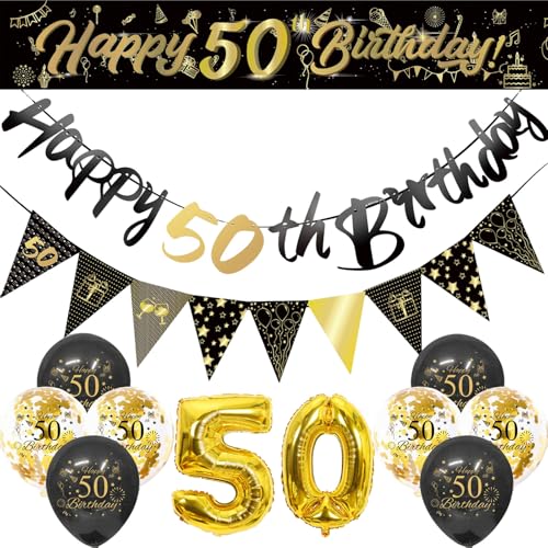 Flomiara 14-teiliges Dekorationsset zum 50. Geburtstag, Party-Dekoration, inklusive Partyzubehör, 32,3 m Banner, Dreiecksflaggen, 15,8 m Zahlen, Aluminiumfolie, Konfetti-Latex-Luftballons Flomiara 14-teiliges Dekorationsset zum 50. Geburtstag, Party-Dekoration, inklusive Partyzubehör, 32,3 m Banner, Dreiecksflaggen, 15,8 m Zahlen, Aluminiumfolie, Konfetti-Latex-Luftballons von Flomiara