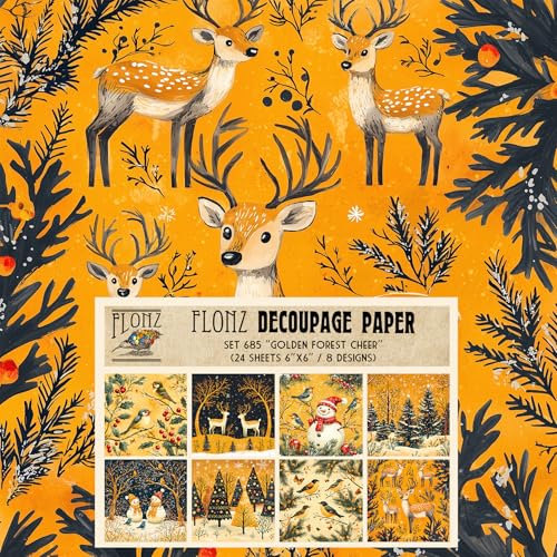 Decoupage-Papier, 15,2 x 15,2 cm, Goldener Waldjubel, festliche Naive Szenen in satten Gelbtönen mit Vögeln, Schneemännern und stilisierten Bäumen, digital wiedergegeben, 24 Blatt von Flonz