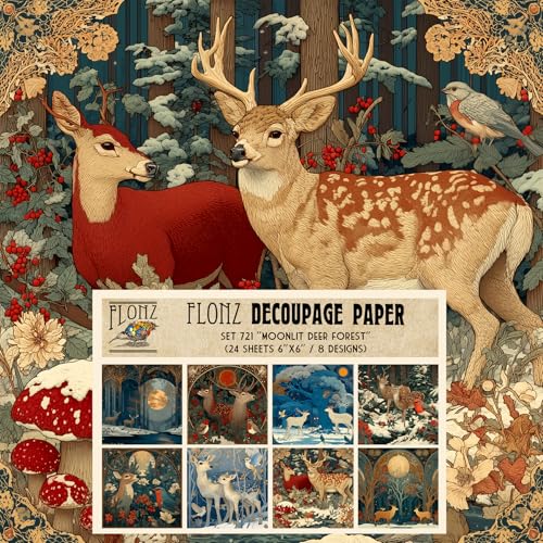 Decoupage-Papier, 15,2 x 15,2 cm, Mondschein Hirschwald, leuchtender Hirsch in magischen Winterszenen, dekoratives Laub und goldenes Licht, Jugendstil, Geschichtenerzähl-Stil, 24 Blatt Decoupage-Papier, 15,2 x 15,2 cm, Mondschein Hirschwald, leuchtender Hirsch in magischen Winterszenen, dekoratives Laub und goldenes Licht, Jugendstil, Geschichtenerzähl-Stil, 24 Blatt von Flonz