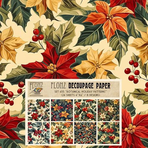 Decoupage-Papier, 15,2 x 15,2 cm, botanische Feiertagsmuster, dekorative saisonale Motive mit Stechpalme, Weihnachtssternen und Beeren im klassischen Vintage-Textil-Design-Stil, 24 Blatt Decoupage-Papier, 15,2 x 15,2 cm, botanische Feiertagsmuster, dekorative saisonale Motive mit Stechpalme, Weihnachtssternen und Beeren im klassischen Vintage-Textil-Design-Stil, 24 Blatt von Flonz