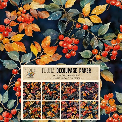 Decoupage-Papier, 24 Blatt, 15,2 x 15,2 cm, Herbstbeeren: leuchtend rote und goldene Beeren-Cluster auf dunklem Laub für reichhaltige saisonale Basteldesigns # Flonz Vintage Handwerk Decoupage-Papier, 24 Blatt, 15,2 x 15,2 cm, Herbstbeeren: leuchtend rote und goldene Beeren-Cluster auf dunklem Laub für reichhaltige saisonale Basteldesigns # Flonz Vintage Handwerk von Flonz