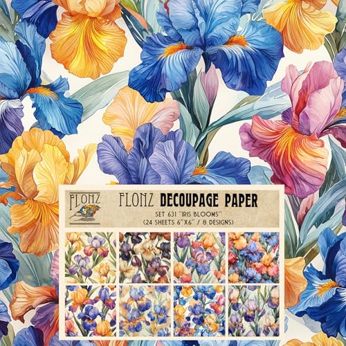Decoupage-Papier, 24 Blatt, 15,2 x 15,2 cm, Irisblüten: lebendige Aquarell-Iris-Blumen in Schattierungen von Blau, Lila und Orange mit zarten botanischen Details # Flonz Vintage Handwerk Decoupage-Papier, 24 Blatt, 15,2 x 15,2 cm, Irisblüten: lebendige Aquarell-Iris-Blumen in Schattierungen von Blau, Lila und Orange mit zarten botanischen Details # Flonz Vintage Handwerk von Flonz