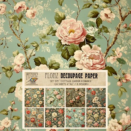 Decoupage-Papier, 24 Blatt, 15,2 x 15,2 cm, Landhausgarten-Romantik: Rustikale Blumenmuster in satten Farbtönen, um jedem Bastelprojekt Vintage-Charme zu verleihen, Vintage-Papier für Handwerk und von Flonz