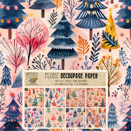 Decoupage-Papier, 24 Blatt, 15,2 x 15,2 cm, Motiv "Rosy Tree Reverie" ~ Weihnachtsmotive in rosafarbenen Paletten mit naiver Stilisierung und kindlicher digitaler Textur auf weichem Hintergrund Decoupage-Papier, 24 Blatt, 15,2 x 15,2 cm, Motiv "Rosy Tree Reverie" ~ Weihnachtsmotive in rosafarbenen Paletten mit naiver Stilisierung und kindlicher digitaler Textur auf weichem Hintergrund von Flonz