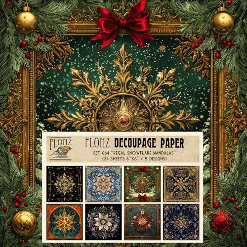 Decoupage-Papier, 24 Blatt, 15,2 x 15,2 cm, Motiv: Schneeflocken-Mandalas ~ aufwendige Schneeflocken-ähnliche Mandalas mit Gold- und Juwelentönen, digital bemalt im kunstvollen Barock-Stil Decoupage-Papier, 24 Blatt, 15,2 x 15,2 cm, Motiv: Schneeflocken-Mandalas ~ aufwendige Schneeflocken-ähnliche Mandalas mit Gold- und Juwelentönen, digital bemalt im kunstvollen Barock-Stil von Flonz