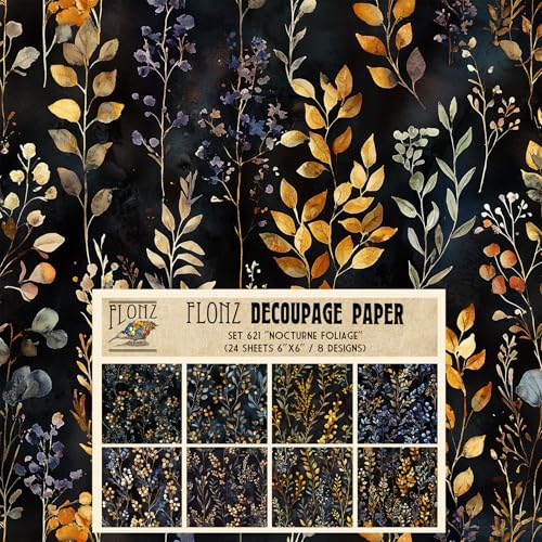 Decoupage-Papier, 24 Blatt, 15,2 x 15,2 cm, Nocturne-Blatt: zarte Blätter und Zweige in Gold- und sanften Blautönen über dunklen Mitternachtshintergründen mit eleganten floralen Akzenten # Flonz von Flonz