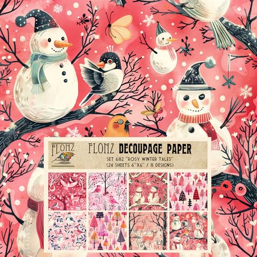 Decoupage-Papier, 24 Blatt, 15,2 x 15,2 cm, Rosige Wintergeschichten ~ rosafarbene naive Feiertags-Illustrationen mit Hirsch, Schneemännern und Bäumen im flachen, dekorativen digitalen Stil Decoupage-Papier, 24 Blatt, 15,2 x 15,2 cm, Rosige Wintergeschichten ~ rosafarbene naive Feiertags-Illustrationen mit Hirsch, Schneemännern und Bäumen im flachen, dekorativen digitalen Stil von Flonz