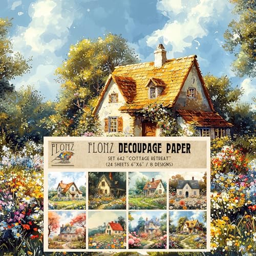 Decoupage-Papier, 24 Blatt, 15,2 x 15,2 cm, Rückzugsort im Landhausstil: malerische Landhäuser eingebettet zwischen blühenden Wiesen und rollenden Hügeln für einen ländlichen, zeitlosen Charme von Flonz