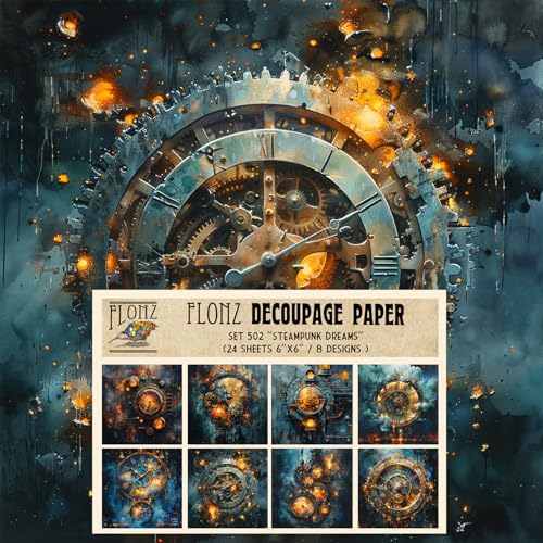 Decoupage-Papier, 24 Blatt, 15,2 x 15,2 cm, Steampunk-Träume: Aufwendiges Aquarell-Uhrwerk und Zahnräder mit schimmernden metallischen Akzenten, Vintage-Papier für Bastelarbeiten und Scrapbooking von Flonz