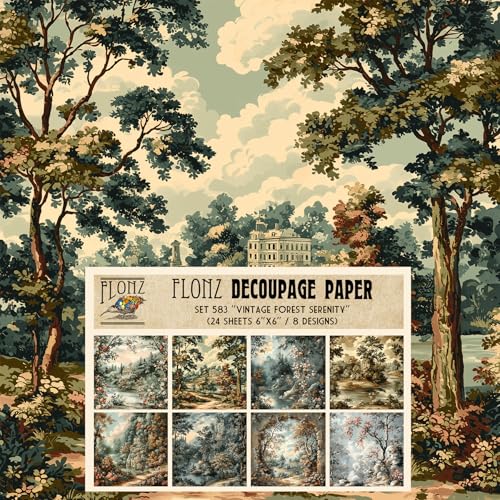 Decoupage-Papier, 24 Blatt, 15,2 x 15,2 cm, Vintage-Stil, Wald, Gelassenheit: ruhige Waldszenen mit rustikalem Charme für friedliche und elegante Bastelprojekte, Vintage-Papier für Handwerk und von Flonz