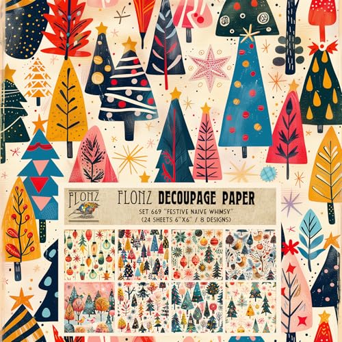 Decoupage-Papier, 24 Blatt, 15,2 x 15,2 cm, festlich, naive Laune, verspielte Winterbäume und Tiere im hellen digitalen Volkskunst-Stil mit flachen Formen und pastellfarbenen hellen Hintergründen Decoupage-Papier, 24 Blatt, 15,2 x 15,2 cm, festlich, naive Laune, verspielte Winterbäume und Tiere im hellen digitalen Volkskunst-Stil mit flachen Formen und pastellfarbenen hellen Hintergründen von Flonz