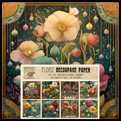 Decoupage-Papier, 24 Blatt, 15,2 x 15,2 cm, festlicher Blumengarten, stilisierte Mohnblumen und Baumkugeln, reiche Juwelentöne, florale Fantasie in Jugendstil-Digitaltechnik Decoupage-Papier, 24 Blatt, 15,2 x 15,2 cm, festlicher Blumengarten, stilisierte Mohnblumen und Baumkugeln, reiche Juwelentöne, florale Fantasie in Jugendstil-Digitaltechnik von Flonz