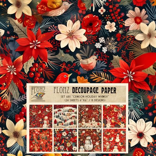 Decoupage-Papier, 24 Blatt, 15,2 x 15,2 cm, karminrot, festliche Szenen mit Schneemännern, Häusern und Vögeln im digitalen naiven Volkskunst-Stil Decoupage-Papier, 24 Blatt, 15,2 x 15,2 cm, karminrot, festliche Szenen mit Schneemännern, Häusern und Vögeln im digitalen naiven Volkskunst-Stil von Flonz