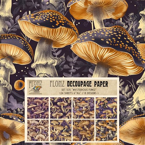 Decoupage-Papier, Packung (24 Blatt, 15,2 x 15,2 cm), Geheimnisvolle Pilze: bezaubernde Pilzmuster im Dunkeln, aufwendige Walddesigns für kreative Projekte, Vintage-Papier zum Basteln von Flonz