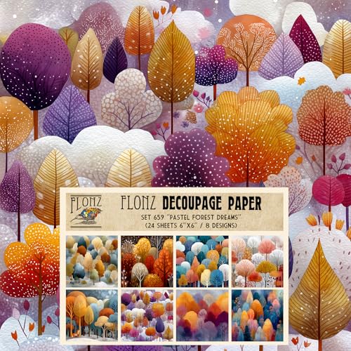 Decoupage-Papier, Pastellfarben, Waldträume, stilisierte Baumhaufen in weichen Farbverläufen und verträumten Paletten, digital bemalt mit skurrilen minimalen Details, 24 Blatt Decoupage-Papier, Pastellfarben, Waldträume, stilisierte Baumhaufen in weichen Farbverläufen und verträumten Paletten, digital bemalt mit skurrilen minimalen Details, 24 Blatt von Flonz