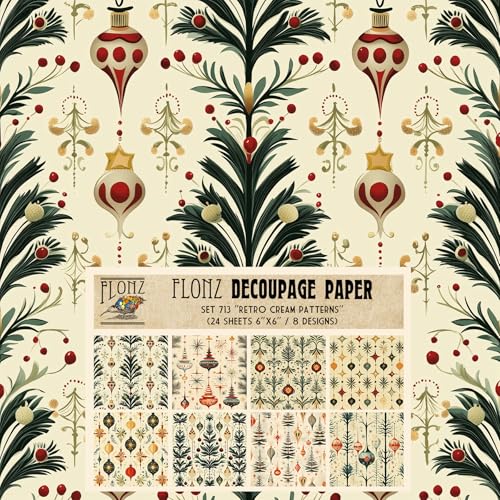 Decoupage-Papier, Retro-Weihnachtsschmuck, Weihnachtsschmuck und stilisierte Bäume auf hellem Hintergrund, Vintage-inspirierte digitale Symmetrie, 24 Blatt von Flonz