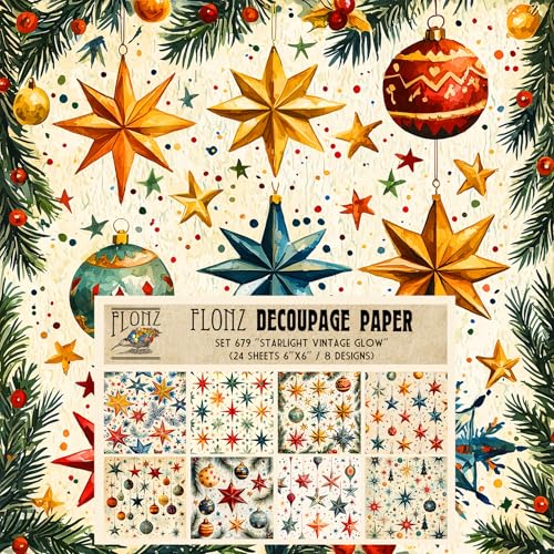 Decoupage-Papier, Sternenlicht, Vintage-Stil, Retro-Stil, festliche Sterne und Ornamente auf hellem Hintergrund, digital illustriert mit strukturiertem Pinsel, 24 Blatt Decoupage-Papier, Sternenlicht, Vintage-Stil, Retro-Stil, festliche Sterne und Ornamente auf hellem Hintergrund, digital illustriert mit strukturiertem Pinsel, 24 Blatt von Flonz