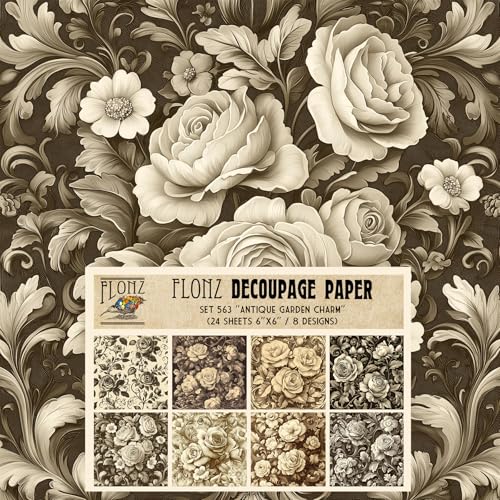 Decoupage-Papier, antiker Gartenanhänger, klassische Gravur, florales Decoupage-Papier in Sepia-Farbtönen für Vintage-Handwerk, Eleganz, Vintage-Papier für Handwerk und Scrapbooking, 24 Blatt von Flonz
