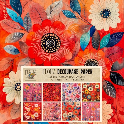Decoupage-Papier-Packung, 15,2 x 15,2 cm, Purpurblüten-Drift, rote und rosa Blumen-Illustrationen im dichten, naiven Stil, mit digitalen Maltechniken und flachem Layout, 24 Blatt Decoupage-Papier-Packung, 15,2 x 15,2 cm, Purpurblüten-Drift, rote und rosa Blumen-Illustrationen im dichten, naiven Stil, mit digitalen Maltechniken und flachem Layout, 24 Blatt von Flonz
