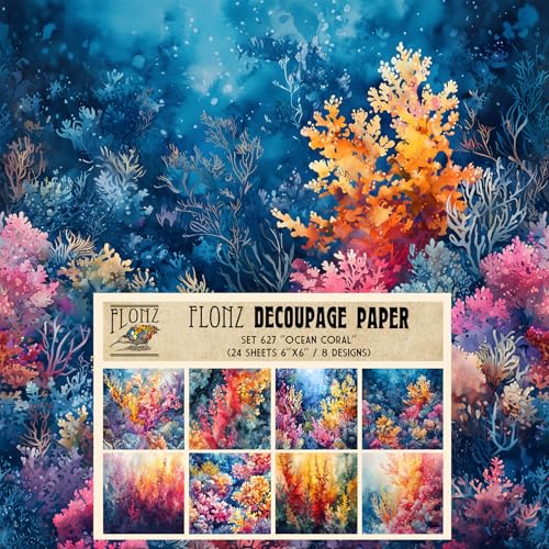 Decoupage-Papier-Packung (24 Blatt, 15,2 x 15,2 cm), Ozeankorallen: bezaubernde Tiefseekorallengärten in brillantem Blau und feurigem Rot für einzigartige nautische Designs # Flonz Vintage Handwerk von Flonz