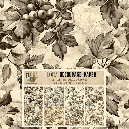 Decoupage-Papier-Packung (24 Blatt, 15,2 x 15,2 cm), botanische Gravur: aufwendige Vintage-Illustrationen von üppigem Laub und Beeren im zeitlosen einfarbigen Stil # Flonz Vintage Handwerk von Flonz