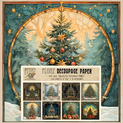 Decoupage-Papier-Packung (24 Blatt, 15,2 x 15,2 cm), majestätische Weihnachtsbäume mit leuchtenden Lichtern und Geschenken, in malerischer Vintage-Postkarten-Ästhetik von Flonz