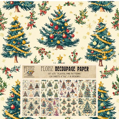 Decoupage-Papier-Packung (24 Blatt, 15,2 x 15,2 cm), verspielte Kiefernmuster, sich wiederholende Weihnachtsbaum-Motive im Vintage-inspirierten digitalen Stil mit festlichen Farben und hellen von Flonz