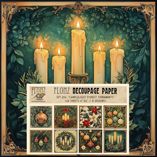 Decoupage-Papier-Packung (24 Blatt 15,2 x 15,2 cm) Kerzenlicht Wald Ornamente ~ Vintage Urlaub Stillleben mit leuchtenden Kerzen und Kugeln in einem malerischen, strukturierten digitalen Collage-Stil von Flonz