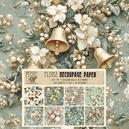 Decoupage-Papierpackung (24 Blatt 15,2 x 15,2 cm) Goldene Glocken Blumen ~ sanfte Winterblumen und Vintage-Glocken in Pastelltönen, weiche malerische Textur, nahtloses Urlaubsmuster von Flonz