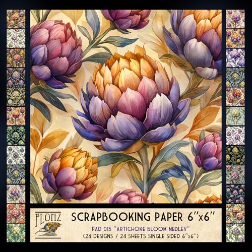 FLONZ Scrapbook-Papier (24 Blatt, 15,2 x 15,2 cm), Artischockenblüten-Medley ~ Eine dekorative Sammlung stilisierter Artischockenblumen, die in detaillierter malerischer Technik mit botanischer von Flonz