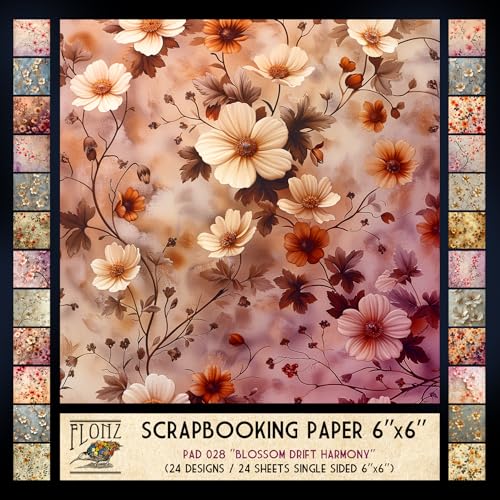 FLONZ Scrapbook-Papier (24 Blatt, 15,2 x 15,2 cm), Blossom Drift Harmony ~ zarte Kirsch- und Pflaumenblüten in weichen Vintage-Tönen mit digitalen Aquarell- und strukturierten Overlay-Techniken von Flonz