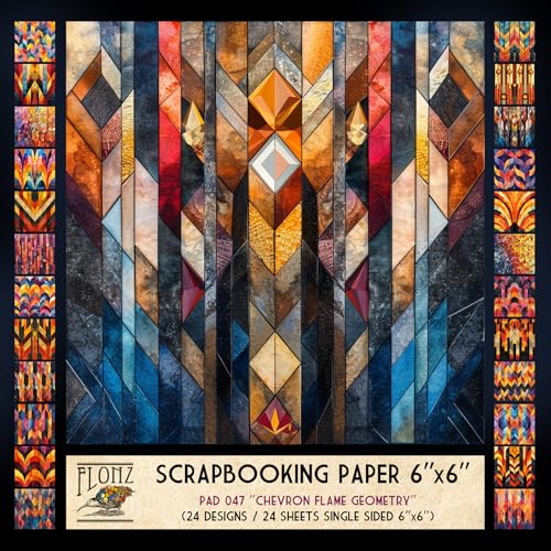 FLONZ Scrapbook-Papier (24 Blatt, 15,2 x 15,2 cm), Chevron-Flammengeometrie, kräftige geometrische Muster mit Chevron- und Diamantmotiven in feurigen Farbtönen, dargestellt mit geschichtetem digitalem von Flonz
