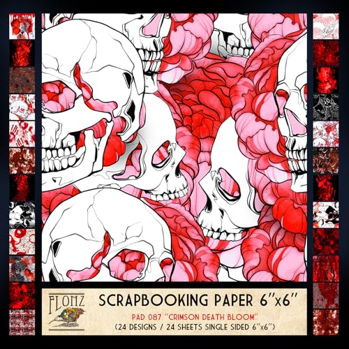 FLONZ Scrapbook-Papier (24 Blatt, 15,2 x 15,2 cm), Crimson Death Bloom, grafische Totenköpfe, Blutspritzer und Blumenmotive in kontrastreicher digitaler Collage mit Grunge-Texturen und Tintenumrissen von Flonz