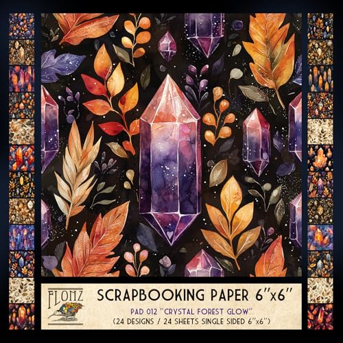 FLONZ Scrapbook-Papier (24 Blatt, 15,2 x 15,2 cm), Crystal Forest Glow ~ Eine mystische Sammlung von Edelstein- und Blatt-Illustrationen im lebendigen digitalen Malstil mit leuchtenden Highlights und von Flonz