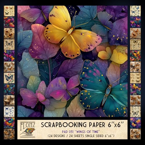 FLONZ Scrapbook-Papier (24 Blatt, 15,2 x 15,2 cm), Flügel der Zeit, elegante Schmetterlingskompositionen, die Vintage-Entomologie-Illustrationen mit lebendigen digitalen Fantasy-Stilen und von Flonz