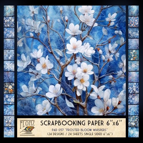 FLONZ Scrapbook-Papier (24 Blatt, 15,2 x 15,2 cm), Frosted Bloom Whispers ~ Zarte digitale Illustrationen von Winterzweigen, Blumen und Schneeflocken in malerischen Blautönen mit weichen von Flonz