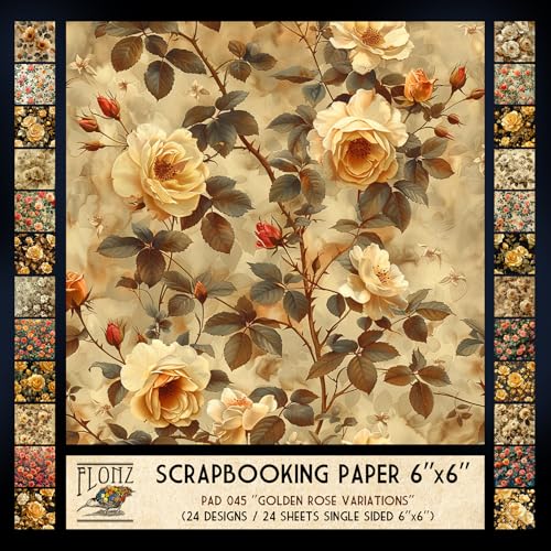 FLONZ Scrapbook-Papier (24 Blatt, 15,2 x 15,2 cm), Goldene Rosen-Variationen ~ Blumenmuster im Vintage-Stil mit Sepia und lebendigen Tönen, digital wiedergegeben, um traditionellen Textil- und von Flonz