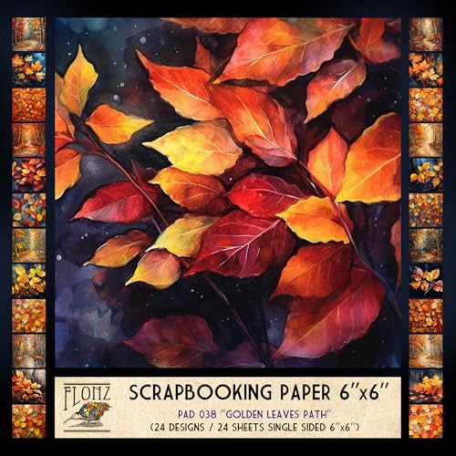 FLONZ Scrapbook-Papier (24 Blatt, 15,2 x 15,2 cm), Goldener Blätterweg ~ Herbstwaldwege und lebendiges, gefallenes Laub in impressionistisch inspirierter digitaler Malerei mit satten warmen Tönen und von Flonz