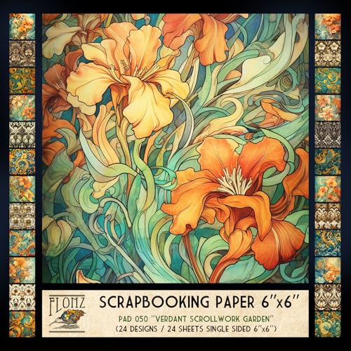 FLONZ Scrapbook-Papier (24 Blatt, 15,2 x 15,2 cm), Grasgrünes Schnörkelwerk Garten ~ üppige botanische Motive und wirbelnde Akanthusblätter im kunstvollen Vintage-Stil mit digitalen von Flonz