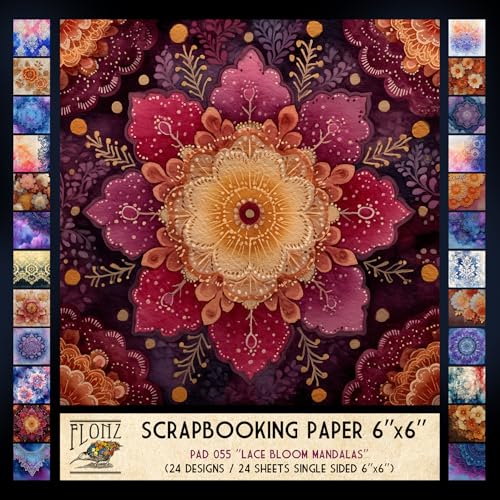 FLONZ Scrapbook-Papier (24 Blatt, 15,2 x 15,2 cm), Lace Bloom Mandalas ~ Aufwendige digitale Kompositionen, die florale Spitzenmotive und Mandala-Muster mit weichen Farbverläufen in ornamentalen von Flonz