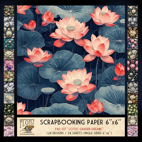 FLONZ Scrapbook-Papier (24 Blatt, 15,2 x 15,2 cm), Lotus Garden Dreams ~ Eine ruhige Sammlung von Lotusblumen-Illustrationen in stilisierten malerischen und gravierten Stilen mit lebendigen und von Flonz