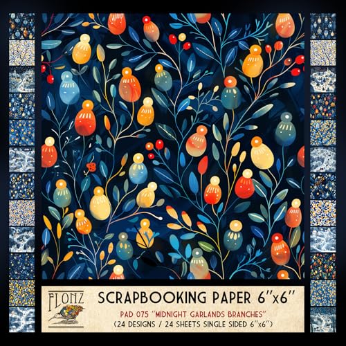 FLONZ Scrapbook-Papier (24 Blatt, 15,2 x 15,2 cm), Midnight Girlanden, Zweige ~ stilisierte Winterobstbäume und Ornamente im grafischen Folk-Stil mit flachen Gouache-Texturen und tiefen Blautönen für von Flonz