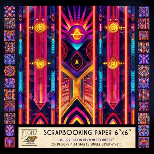 FLONZ Scrapbook-Papier (24 Blatt, 15,2 x 15,2 cm), Neonblütengeometrie, lebendige symmetrische Kompositionen, die Art-Deco-Elemente mit psychedelischen digitalen Leuchteffekten und kaleidoskopischer von Flonz
