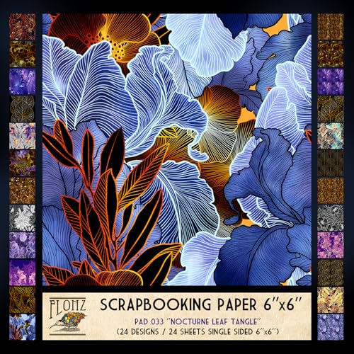 FLONZ Scrapbook-Papier (24 Blatt, 15,2 x 15,2 cm), Nocturne Leaf Tangle ~ Dunkle botanische Abstraktionen und leuchtende Konturen in gemischten digitalen Techniken mit scharfem Kontrast und von Flonz