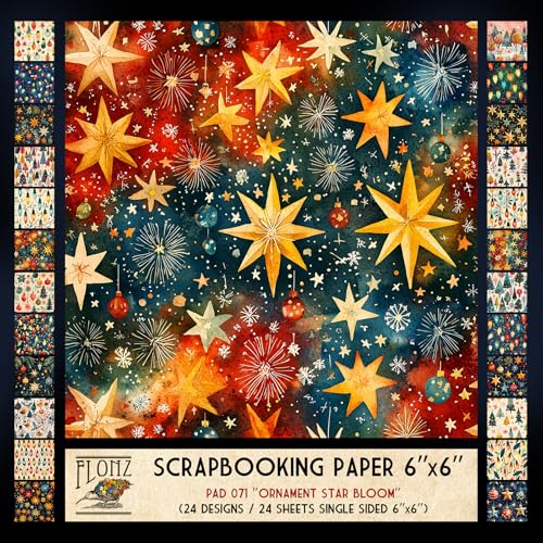 FLONZ Scrapbook-Papier (24 Blatt, 15,2 x 15,2 cm), Ornament, Sternblüte, festliche Weihnachtsmuster im dekorativen Volksstil mit malerischen Strichen und lebendigen Retro-Farben von Flonz