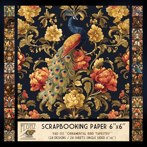 FLONZ Scrapbook-Papier (24 Blatt, 15,2 x 15,2 cm), Ornamentaler Vogel-Tapisserie ~ Eine üppige Sammlung exotischer Vögel und Blumen im detailreichen Barock-Stil mit dunklen Hintergründen und von Flonz