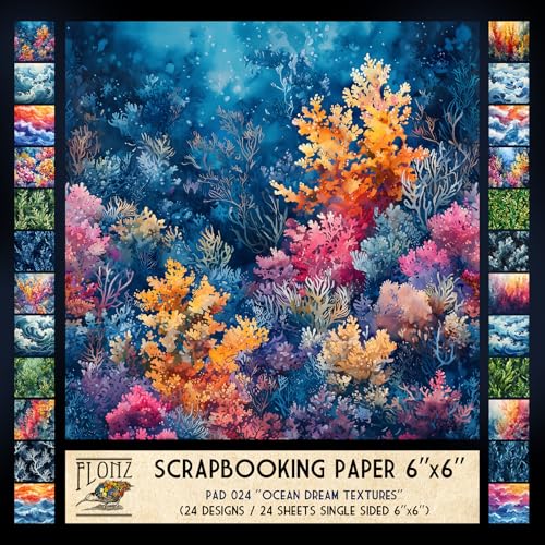 FLONZ Scrapbook-Papier (24 Blatt, 15,2 x 15,2 cm), Ozean-Traum-Texturen ~ Eine dynamische Sammlung stilisierter Seetang, Korallen und Wellen in lebhaften Aquarell- und Maltechniken mit flüssigen von Flonz