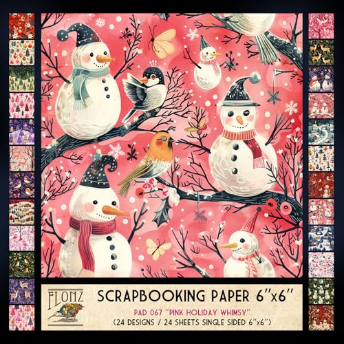 FLONZ Scrapbook-Papier (24 Blatt, 15,2 x 15,2 cm), Pink Holiday Whimsy ~ Fröhliche Weihnachtsszenen mit Tieren und Bäumen in verspieltem Rosa, bemalt in charmantem skurrilen Stil mit Aquarell-Texturen von Flonz