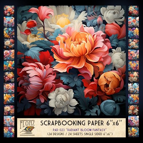 FLONZ Scrapbook-Papier (24 Blatt, 15,2 x 15,2 cm), Radiant Bloom Fantasy. Eine mutige Sammlung von digital gemalten Blumen und Blättern in lebhaften surrealen Tönen mit leuchtenden Highlights und von Flonz