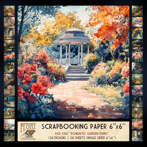 FLONZ Scrapbook-Papier (24 Blatt, 15,2 x 15,2 cm), Romantische Gartenruinen ~ Traumhafte Rosengärten und Steinruinen im malerischen Vintage-Stil mit üppigen Texturen und goldenen Lichtakzenten von Flonz